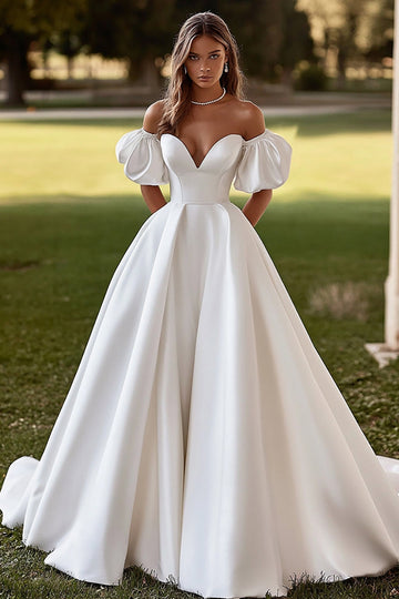 Off The Shoulder Satin Ivory A Line Wedding Dress With Slit